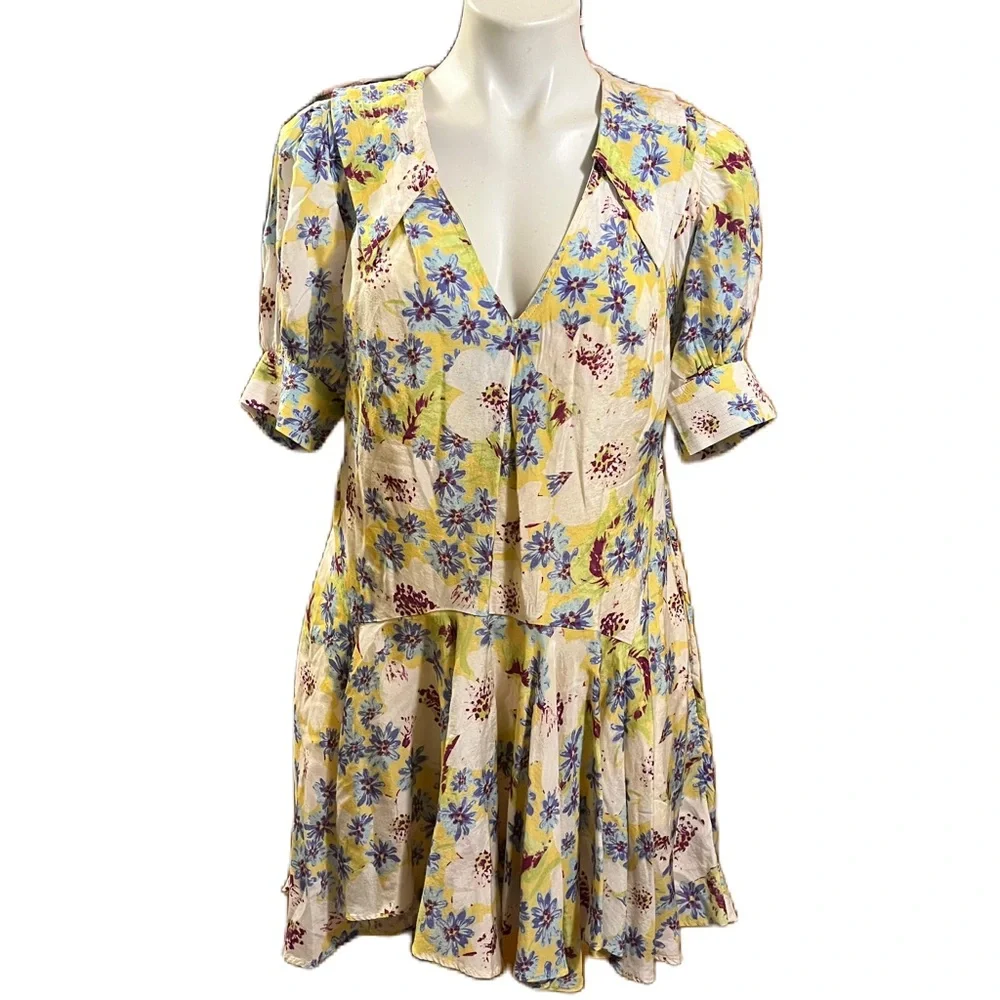 Free People Sugar Crush V-neck Puff Sleeve Floral Mini Dress small